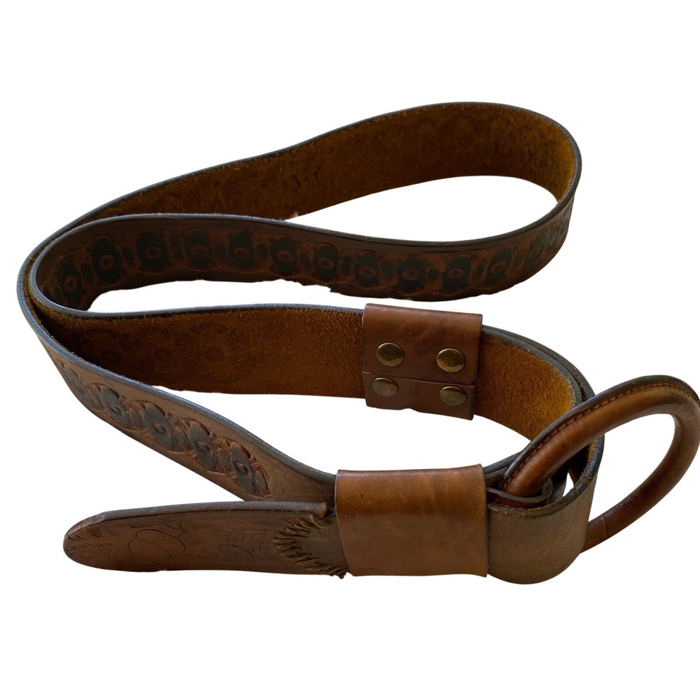 Vintage Tooled Leather Belt Women Large Brown Boho Floral Western Cowgirl Rustic